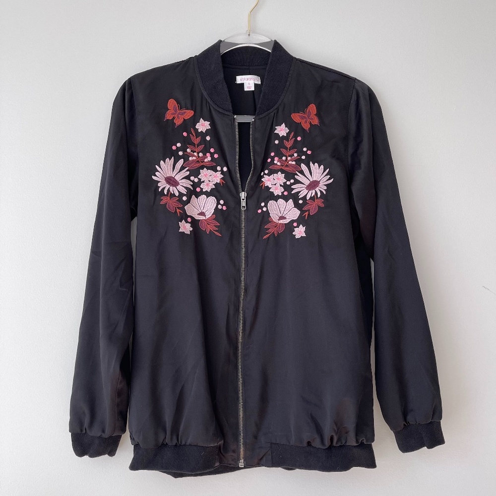 Xhilaration Black Floral Bomber Jacket Sz S‎